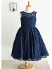 Navy Blue Lace Deep V Back Knee Length Flower Girl Dress